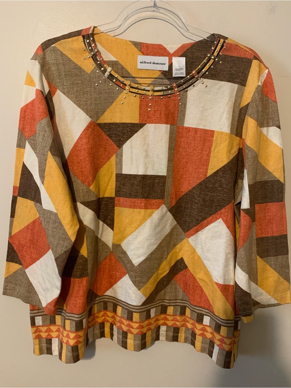 Alfred Dunner Geometric Block Print in Yellow, Orange, Brown, Cream